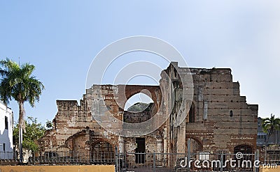 Ancient ruins of the first American hospital, San NicolÃ¡s de Bari in Santo Domingo,16th century. Arches, columns and walls Stock Photo