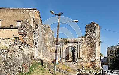 Ancient ruins of the first prisons in Santo Domingo, early 16th century. Arches, columns and walls of brick in sun Stock Photo