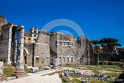 Ancient ruins of the Forum of Augustus with Temple of Mars the Avenger inaugurated in 2 BC Stock Photo