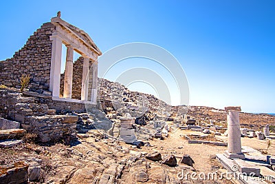 Ancient ruins in the island of Delos in Cyclades, one of the most important mythological, historical and archaeological sites. Stock Photo