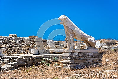 Ancient ruins in the island of Delos in Cyclades, one of the most important mythological, historical and archaeological sites. Stock Photo