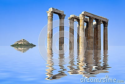 Ancient ruins and island in water Stock Photo