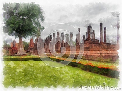 Ancient Ruins in Sukhothai World Heritage Site watercolor style illustration impressionist painting Cartoon Illustration