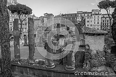 ROMA, ITALY - JULY 2017: Ancient ruins in Torre Argentina Square, the site of the death of Emperor Julius Caesar in Rome, Italy Editorial Stock Photo