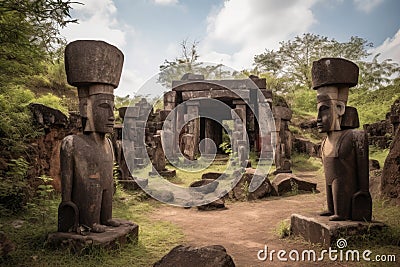 ancient ruins with towering stone statues and hidden treasures Stock Photo