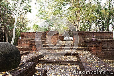 Ancient ruins ubosot ordination hall and antique old ruin tempel for thai people traveler travel visit and respect praying holy Stock Photo