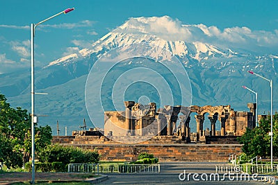 ancient ruins of Zvartnots temple, Armenia, view of Mount Stock Photo