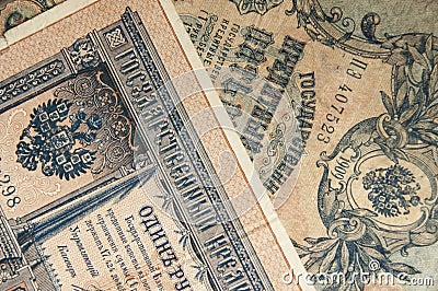 The ancient Russian, old banknotes times of Tsar Nicholas 2 wallpaper Stock Photo