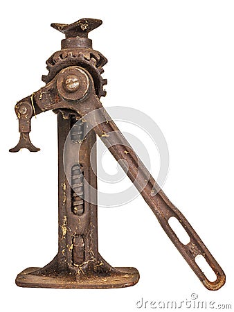 Ancient rusty car jack isolated on white Stock Photo