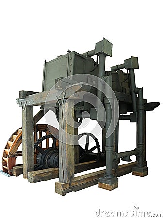 Ancient rusty old wooden water wheel driven machine isolated over white Stock Photo