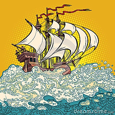 an ancient sailing ship, the caravel of Columbus. Sea voyages Vector Illustration