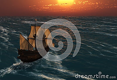 Ancient sailing ship at sunset Stock Photo