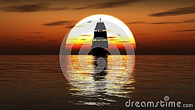 Ancient sailing ship at sunset. 3D render. Cartoon Illustration