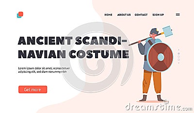 Ancient Scandinavian Costume Landing Page Template. Kid in Viking Suit, Warrior Boy Character Wear Horned Helmet Vector Illustration