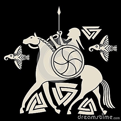 Ancient Scandinavian God Odin, God Odin on horse Sleipnir. Illustration of Norse mythology Vector Illustration