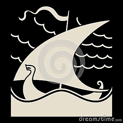 An ancient Scandinavian image of a Viking ship decorated with a dragon head. Drakkar logo Vector Illustration