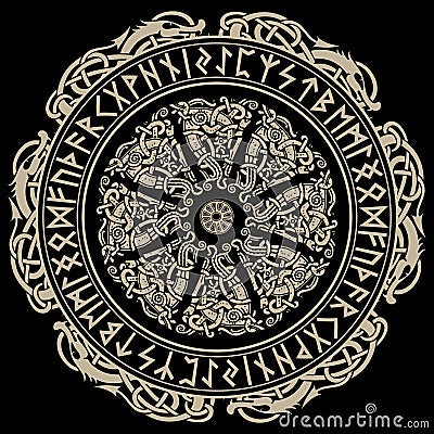 Ancient Scandinavian ornament, shield Viking and Scandinavian runes Vector Illustration