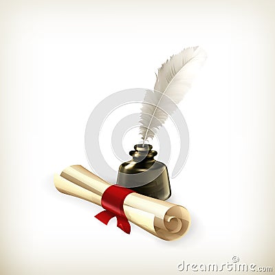 Ancient scroll and feather Vector Illustration