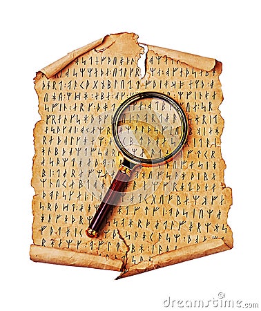 Ancient scroll with the Scandinavian runes and magnifying glass Stock Photo