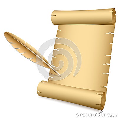 Ancient scroll and writing feather Vector Illustration