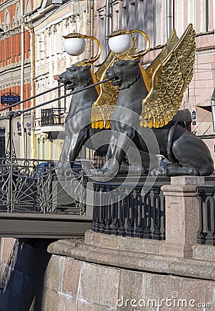 Ancient sculptures of the Griffins of the Bank Bridge. Saint Petersburg Editorial Stock Photo