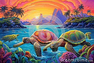 Ancient sea turtles, carrying entire ecosystems on their colossal shells - Generative AI Stock Photo