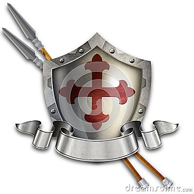 Ancient shield with ribbon and pike Stock Photo