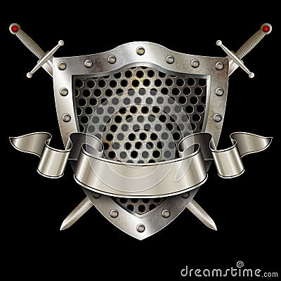 Ancient shield with two swords and silver ribbon. Stock Photo