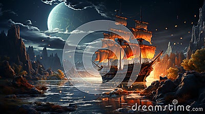 Ancient ship night stars and moon with moonlit night Stock Photo