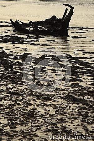 An ancient shipwreck on an estuary seashore Stock Photo