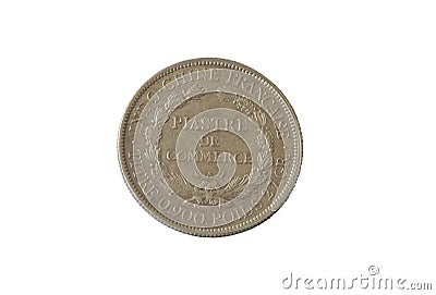 An ancient silver coin, commercial Piastre 1895, French Indochin isolate Stock Photo