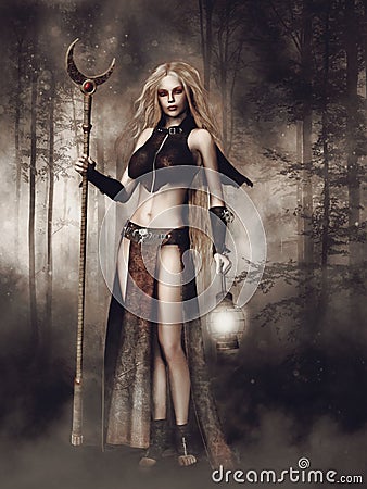 Ancient sorceress in a forest Stock Photo