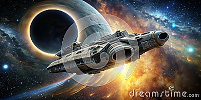 An ancient spaceship floating in space near a black hole Generative By AI Stock Photo