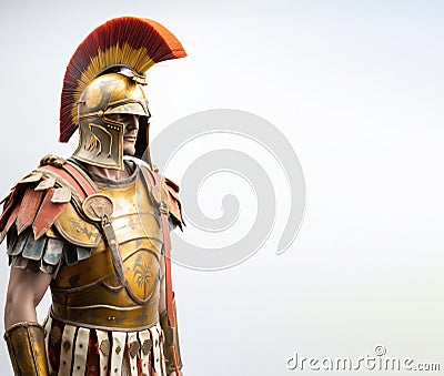 Ancient spartan trojan warrior in armor with weapons. White background, isolate. AI generated. Stock Photo