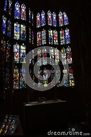 Ancient stained glass window in Westminster Abbey, London Editorial Stock Photo
