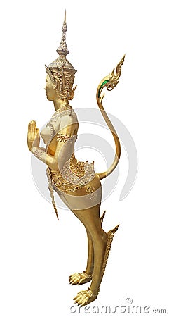 Ancient statue of golden Thai fairy in a legend isolated on white background with clipping path, Thai art sculpture. Stock Photo