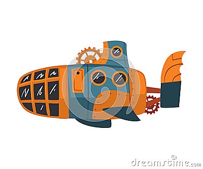 Ancient Steampunk Submarine, Antique Mechanical Device or Mechanism, Stylized Cartoon Style Vector Illustration Vector Illustration