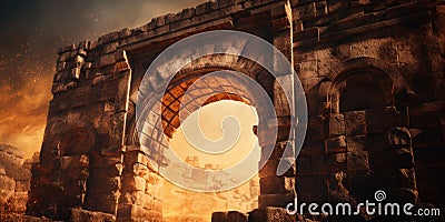 Ancient Stone Arches From Classic Architecture Adorned With Fire Flames Stock Photo