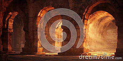 Ancient Stone Arches From Classic Architecture Embellished With Fire Flames Stock Photo