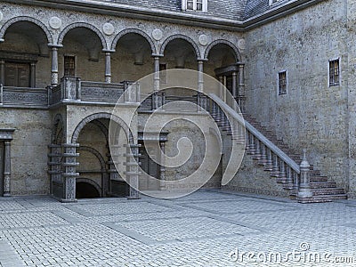 Ancient Stone Castle Courtyard Background Cartoon Illustration