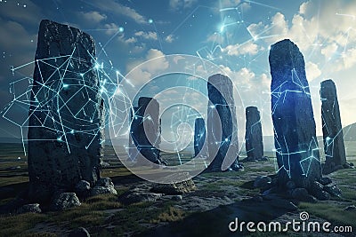 Ancient stone circle reimagined as a decentralized computing network each monolith a server in a powerful and mystical blockch Stock Photo