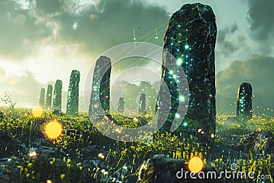 Ancient stone circle reimagined as a decentralized computing network each monolith a server in a powerful and mystical blockch Stock Photo