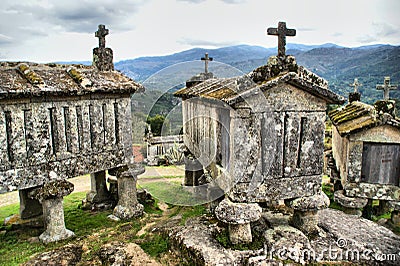 Ancient stone corn driers in Soajo Stock Photo