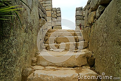Ancient Stone Staircase to the Upper Zone Inside Machu Picchu Archaeological Site, Cusco Region, Peru Stock Photo