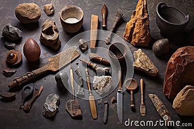 ancient stone tools displayed on natural surface Stock Photo