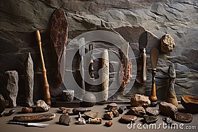 ancient stone tools displayed on natural surface Stock Photo