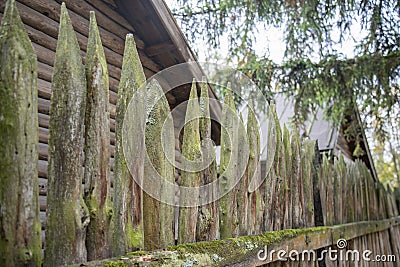 Ancient style wooden wall Palisade. High wooden antique palisade. Fence made of sharp wooden stakes on the background of logs. Stock Photo