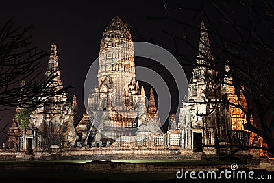 Chaiwatthanaram temple at night, Ayutthaya, Thailand Stock Photo