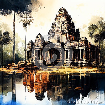 Ancient temple Angkor Vat in Cambodia, ai illustration Cartoon Illustration