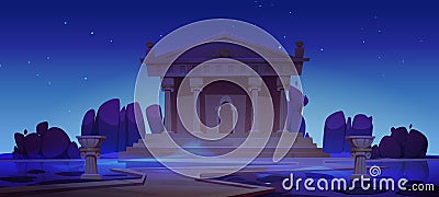 Ancient temple building night landscape scene Vector Illustration